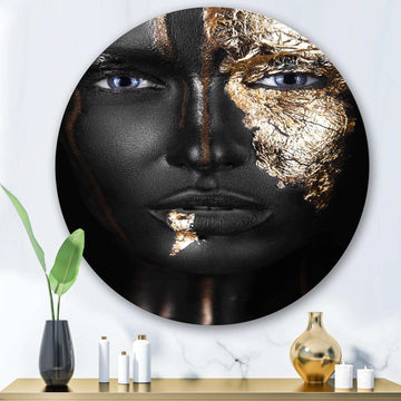 Portrait of A Afro American Girl with Gold Makeup - People Round Metal Wall Art